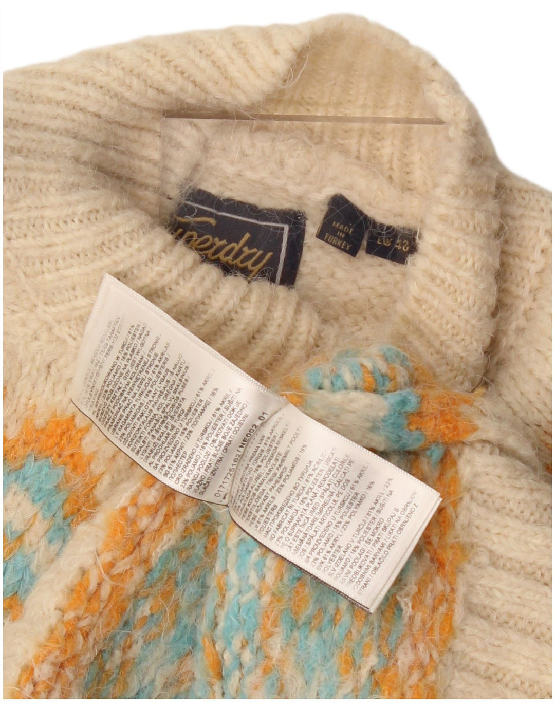 Superdry Womens Turtle Neck Jumper Sweater UK 12 Medium Beige Fair Isle
