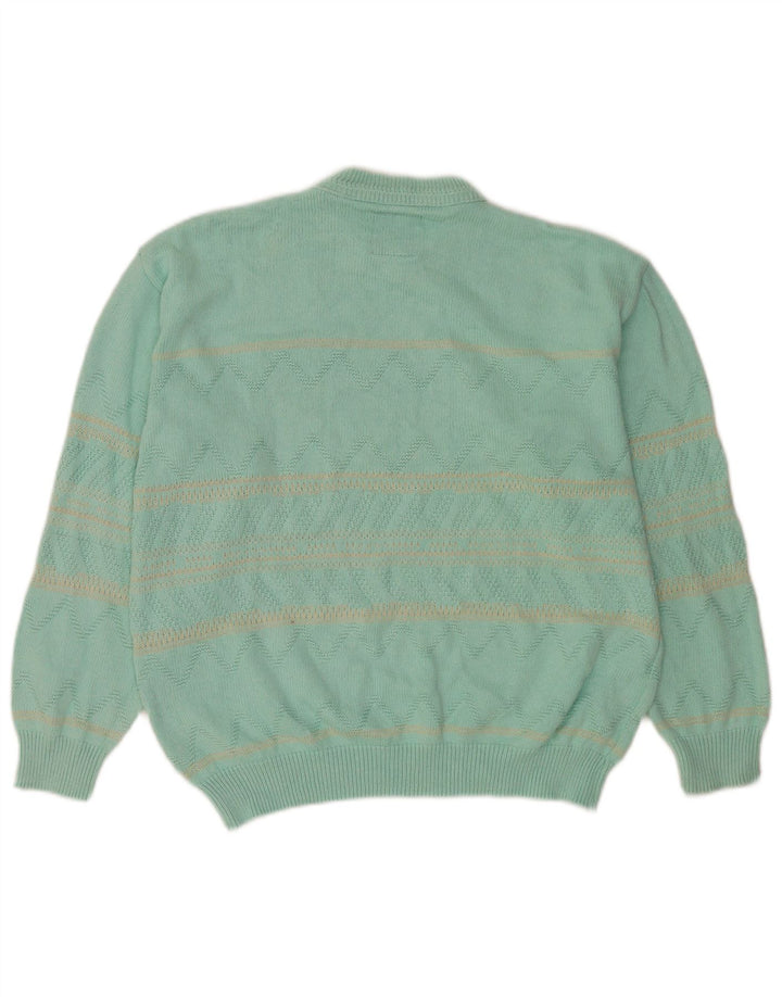 NORTH POLE Mens Crew Neck Jumper Sweater Large Turquoise Striped Cotton