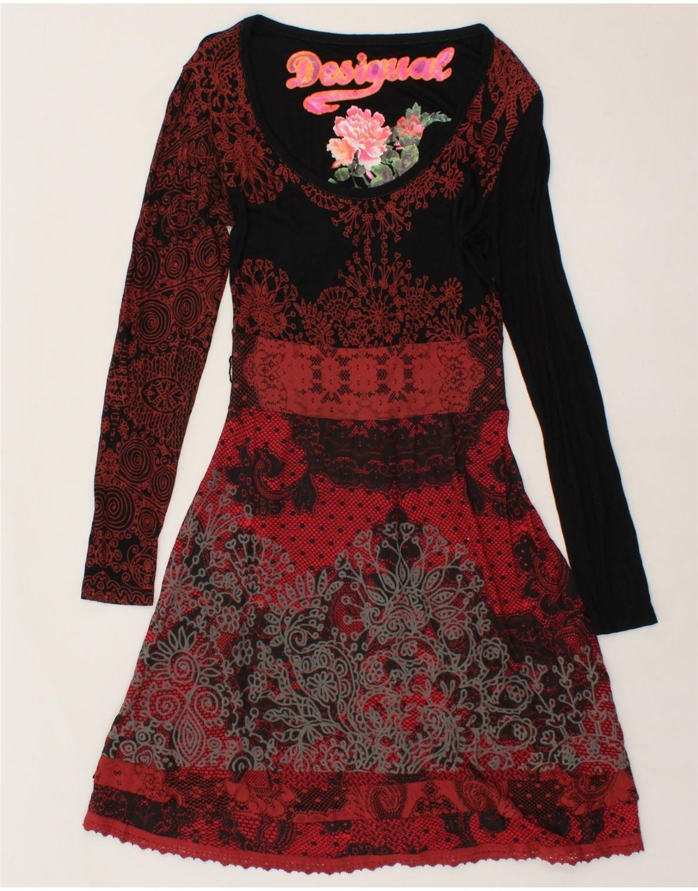 DESIGUAL Womens Long Sleeve A-Line Dress UK 12 Medium Red Floral