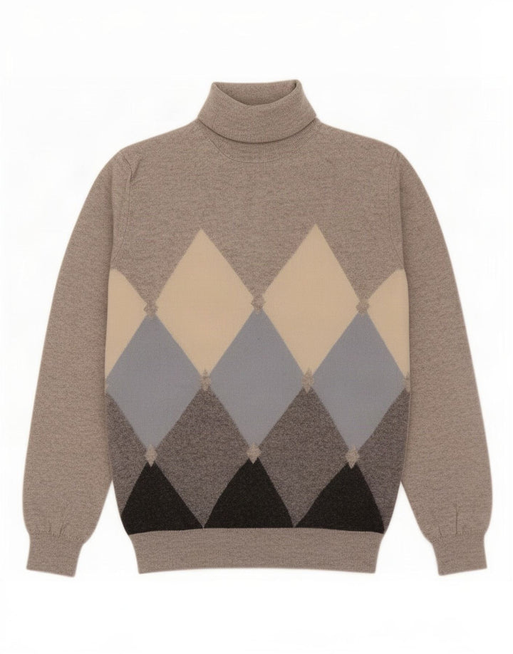 Vintage Mens Roll Neck Jumper Sweater IT 52 Large Grey Argyle/Diamond