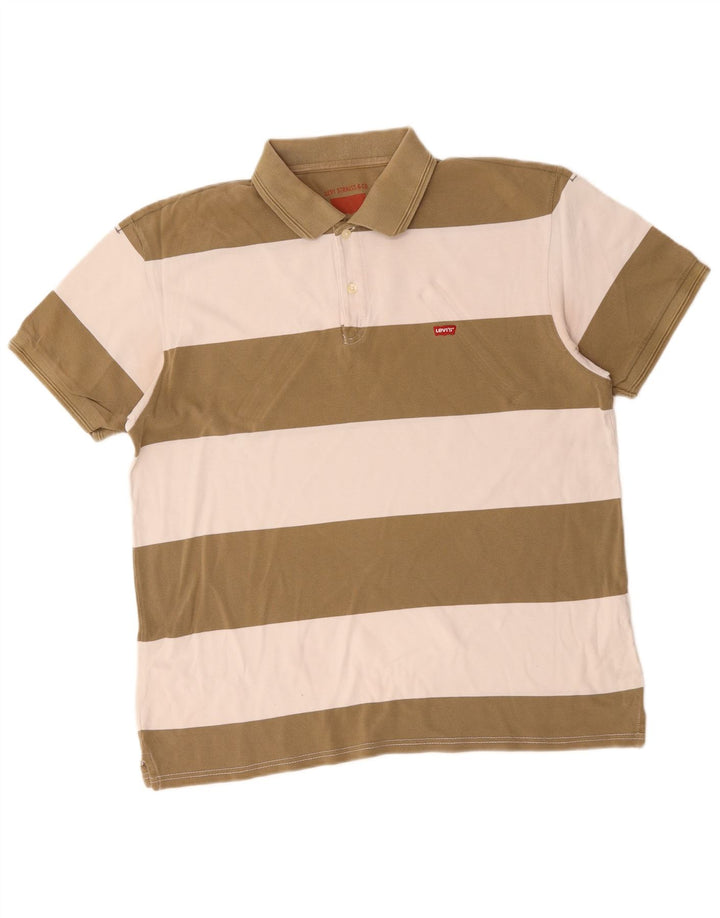 LEVI'S Mens Rugby Polo Shirt Large Khaki Striped Cotton
