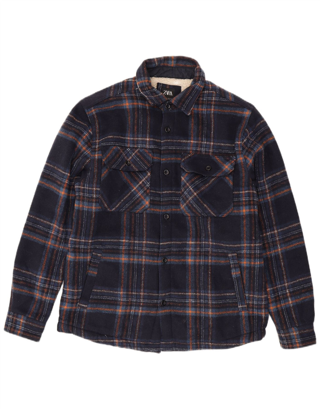 Zara Mens Relaxed Fit Sherpa Flannel Shirt Medium Navy Blue Plaid