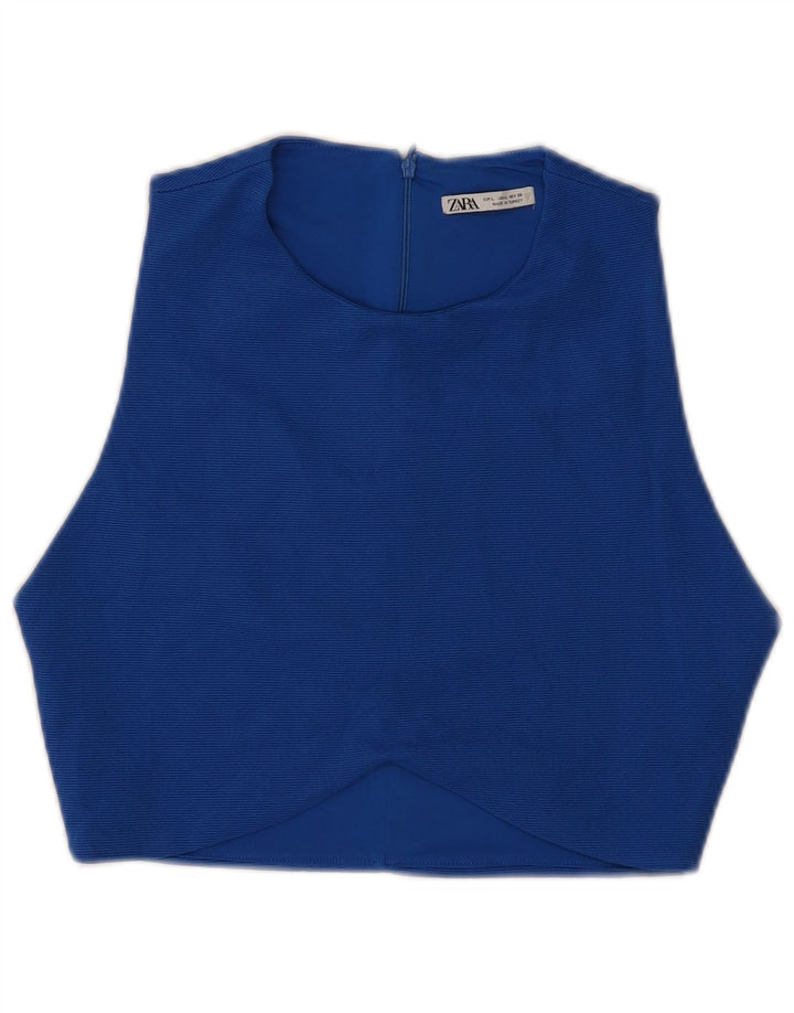 Zara Womens Crop Sleeveless Blouse Top UK 14 Large Blue Polyester