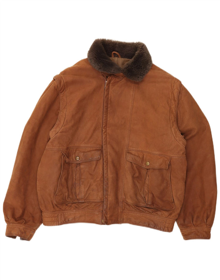 VINTAGE Mens Leather Jacket IT 52 XL Brown Colourblock