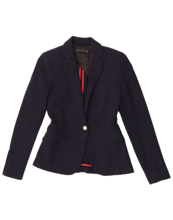 Zara Womens 1 Button Blazer Jacket UK 6 XS Navy Blue Polyester