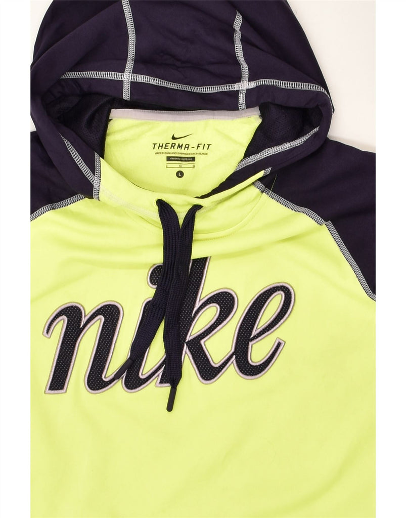 NIKE Womens Therma-Fit Graphic Hoodie Jumper UK 16 Large Yellow | Vintage Nike | Thrift | Second-Hand Nike | Used Clothing | Messina Hembry 