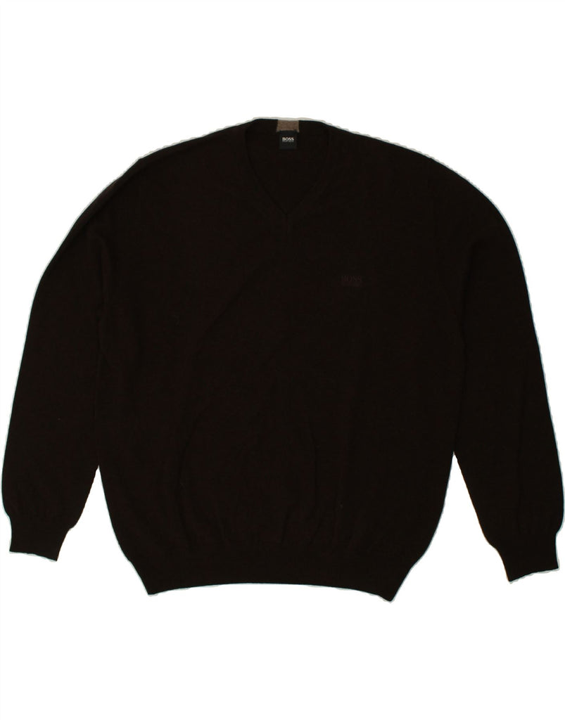 HUGO BOSS Mens V-Neck Jumper Sweater Large Brown Wool | Vintage Hugo Boss | Thrift | Second-Hand Hugo Boss | Used Clothing | Messina Hembry 