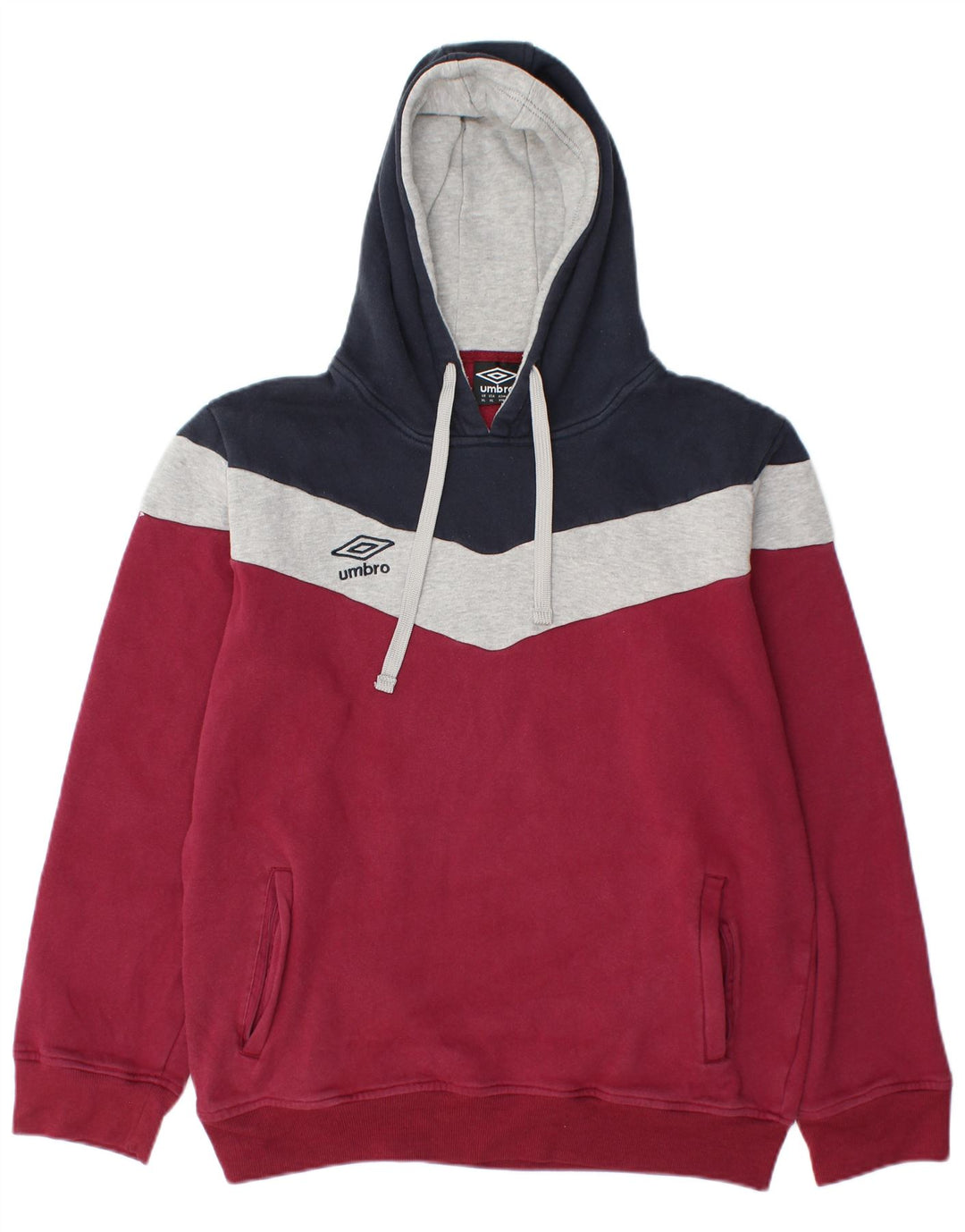 UMBRO Mens Hoodie Jumper XL Burgundy Colourblock Cotton