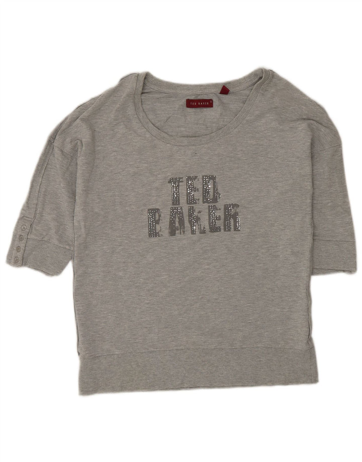 Ted Baker Womens Graphic Short Sleeve Sweatshirt Jumper Size 3 Medium Grey