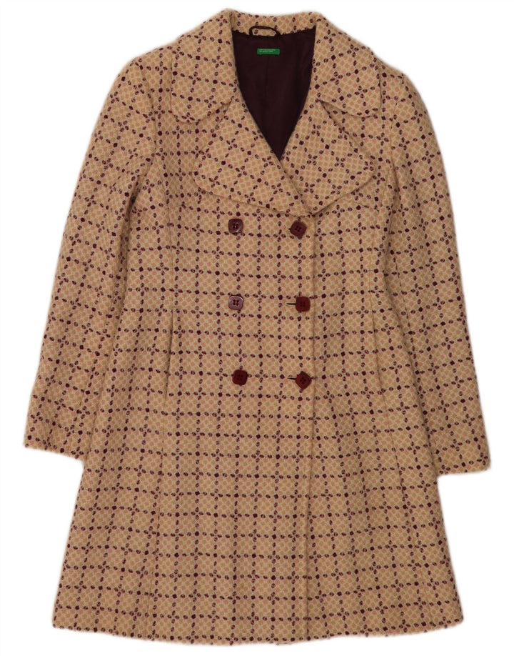 Benetton Womens Double Breasted Coat IT 42 Medium Beige Check Wool