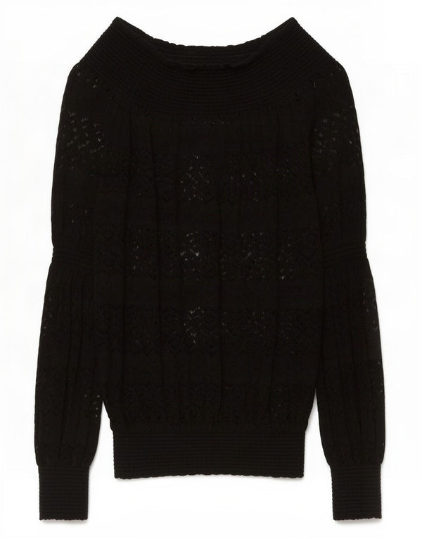 Zara Womens Crochet Boat Neck Jumper Sweater UK 10 Small Black