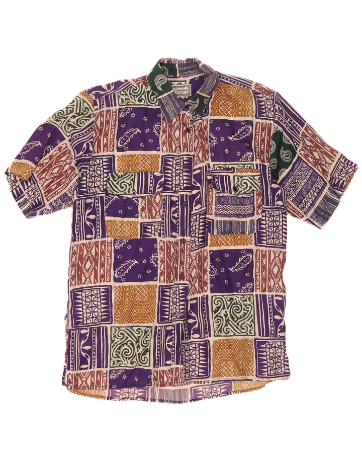 Vintage Womens Short Sleeve Shirt UK 14 Large Multicoloured Patchwork Silk