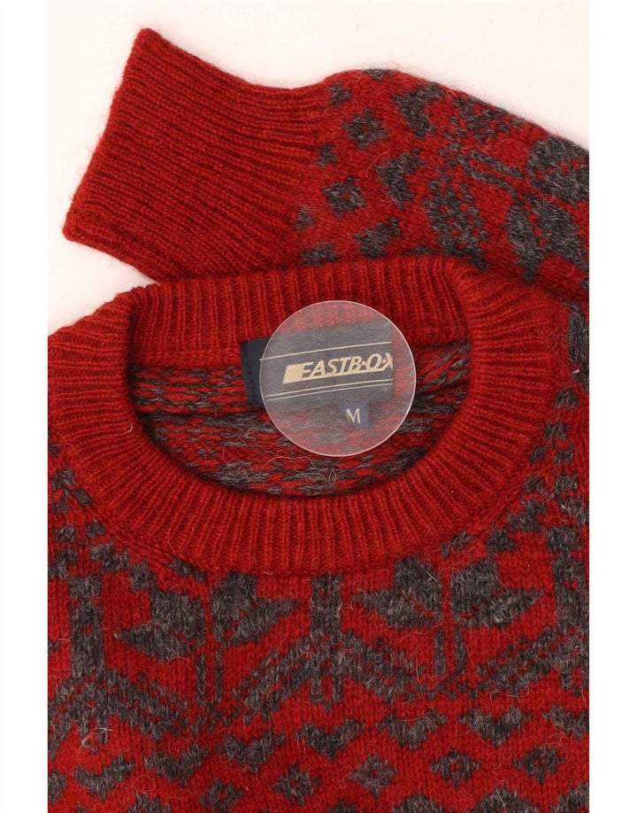 Vintage Mens Crew Neck Jumper Sweater Medium Red Fair Isle Retro