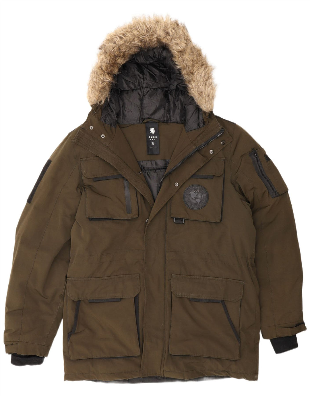 Smog Mens Hooded Parka Jacket UK 42 XL Khaki Polyester