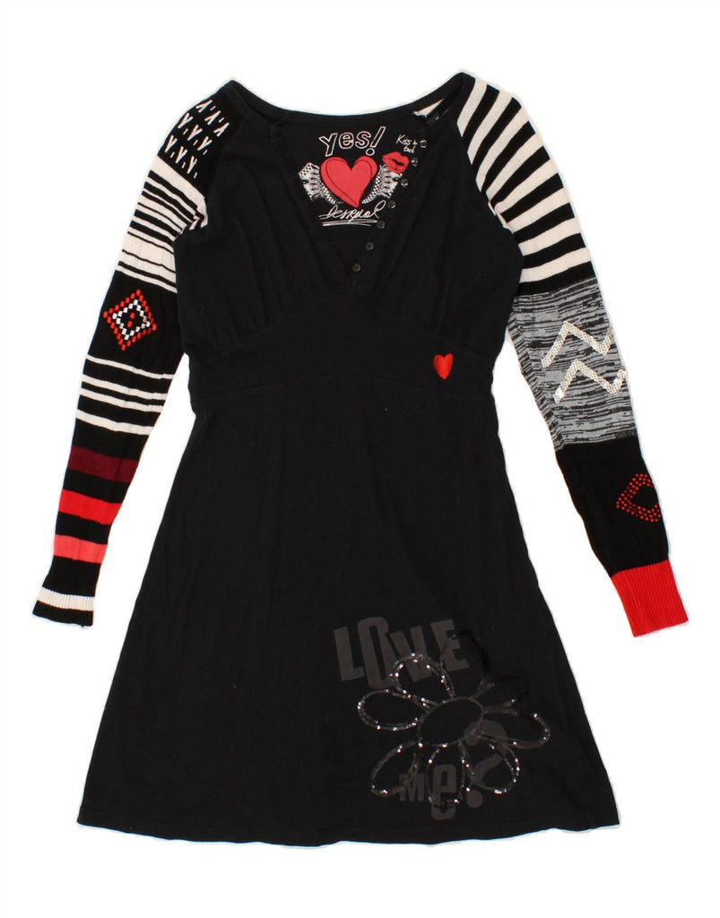 DESIGUAL Womens Graphic Long Sleeve A-Line Dress UK 8 Small Black Vintage Desigual and Second-Hand Desigual from Messina Hembry 