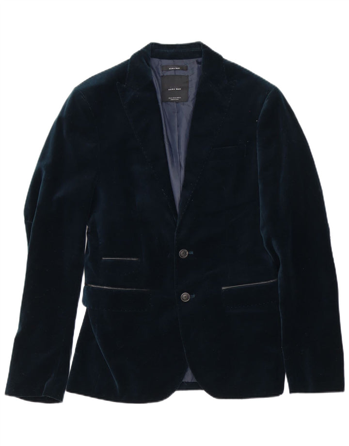 Zara Mens 2 Button Velour Blazer Jacket EU 46 Small Navy Blue Polyester