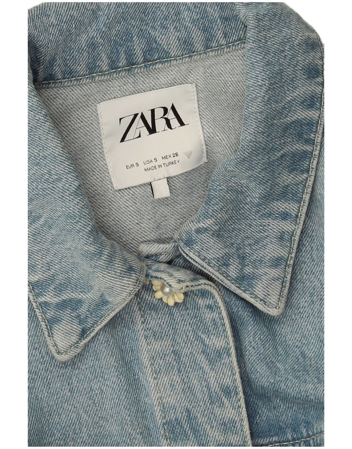 Zara Womens Crop Denim Jacket UK 10 Small Blue Patchwork