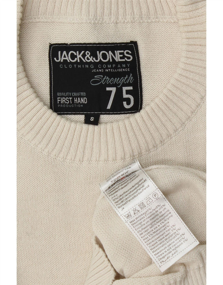 JACK & JONES Mens Graphic Crew Neck Jumper Sweater Small Off White