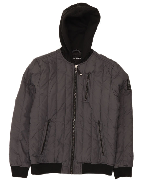 Calvin Klein Jeans Mens Hooded Padded Jacket UK 36 Small Grey Colourblock