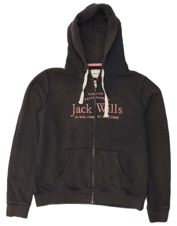 Jack Wills Womens Graphic Zip Hoodie Sweater UK 16 large Black Cotton