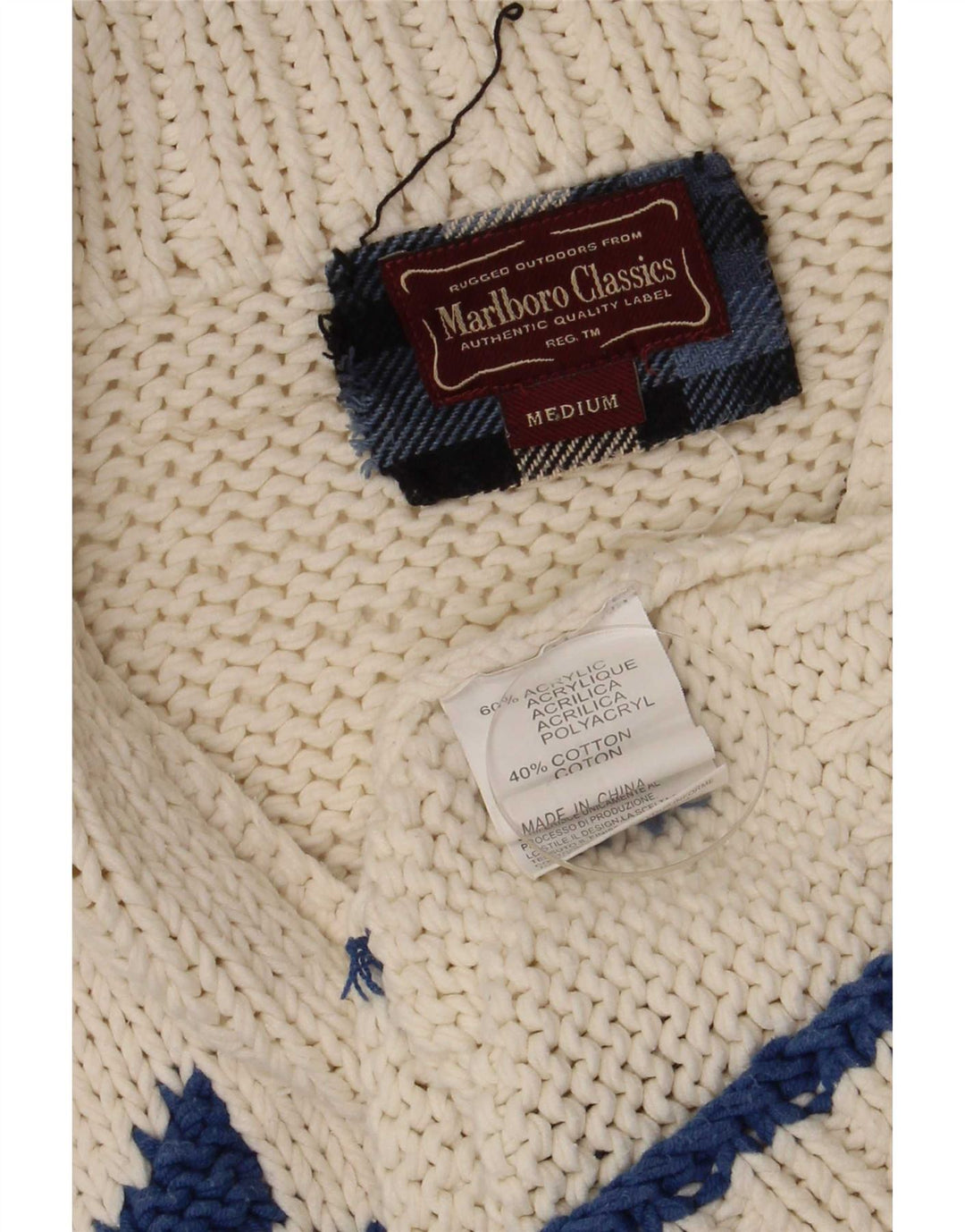 Marlboro Classics Mens Cardigan Sweater Medium Off White Fair Isle Retro