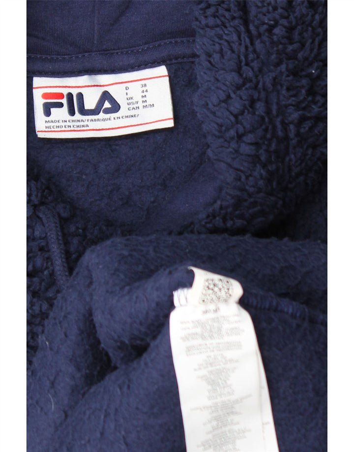 FILA Womens Graphic Fleece Hoodie Jumper UK 14 Medium Navy Blue Polyester
