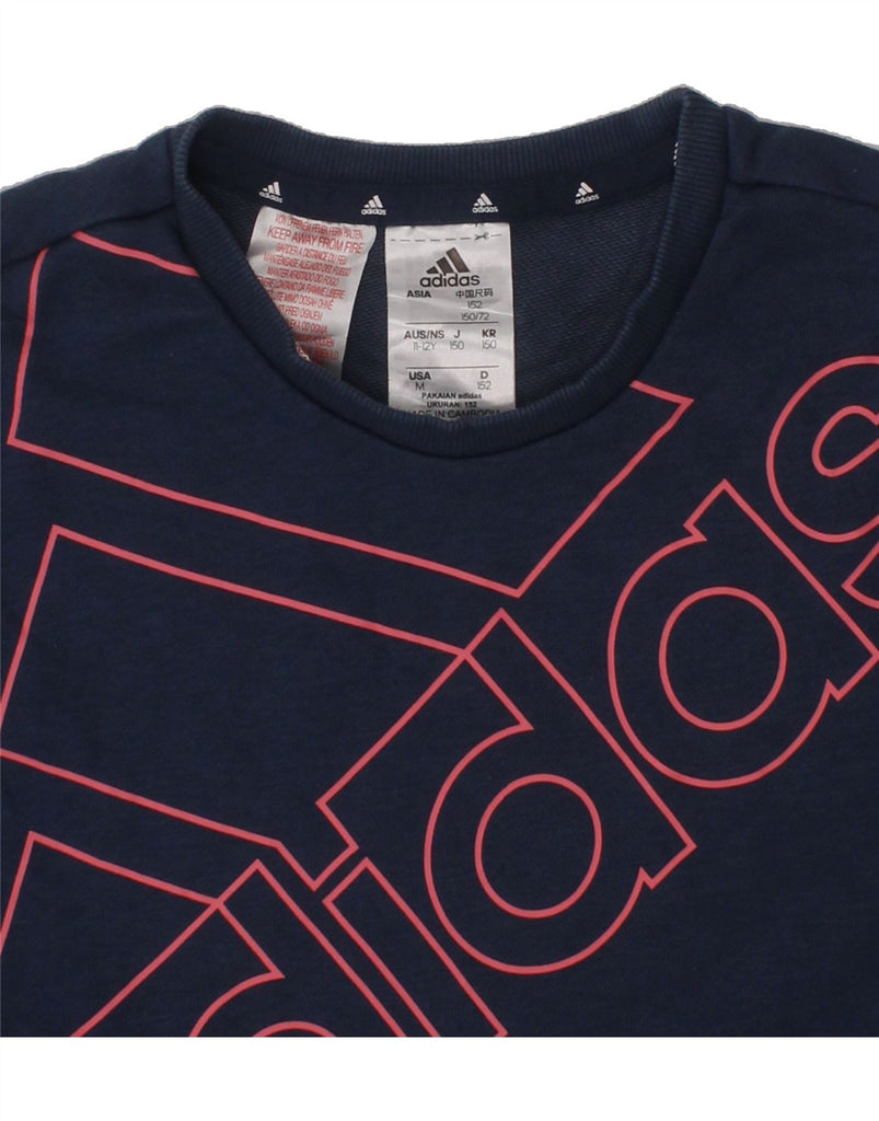ADIDAS Girls Crop Graphic Sweatshirt Jumper 11-12 Years Navy Blue Cotton Vintage Adidas and Second-Hand Adidas from Messina Hembry 