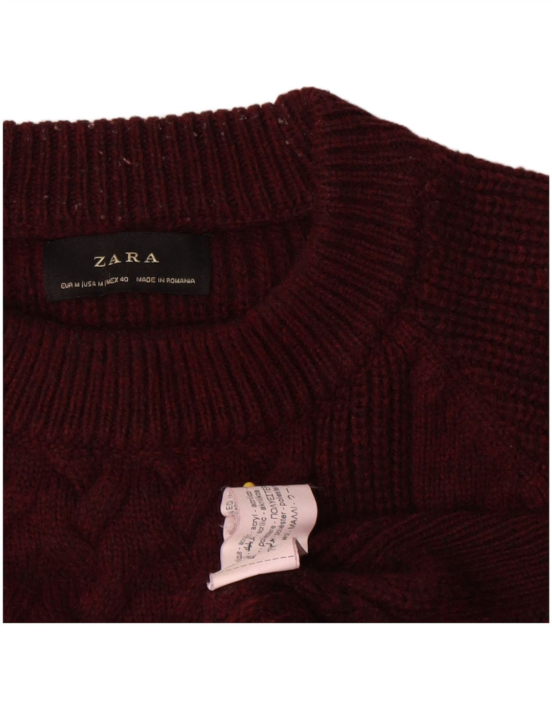 Zara Mens Crew Neck Jumper Sweater Medium Burgundy Wool