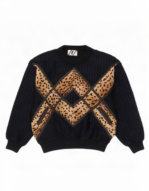 Vintage Womens Crew Neck Jumper Sweater UK 16 Large Black Animal Print