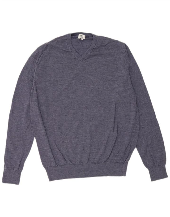 Celio Mens V-Neck Jumper Sweater XL Blue Flecked Merino Wool