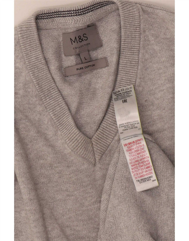 Marks & Spencer Mens V-Neck Jumper Sweater Large Grey Flecked Cotton