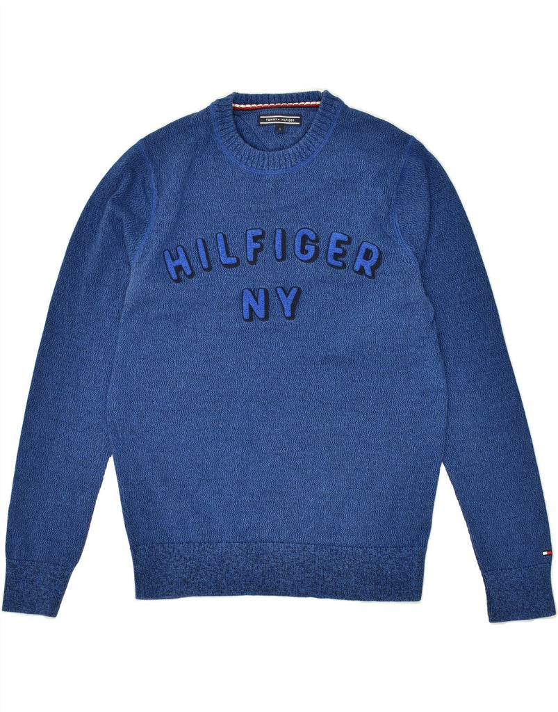 TOMMY HILFIGER Mens Graphic Crew Neck Jumper Sweater Small Blue Wool | Vintage Tommy Hilfiger | Thrift | Second-Hand Tommy Hilfiger | Used Clothing | Messina Hembry 