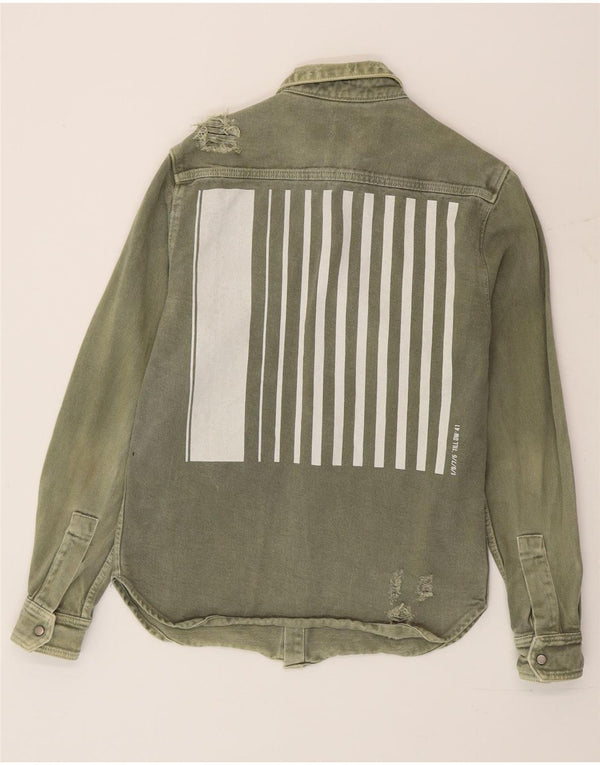 Zara Mens Graphic Distressed Denim Shirt Small Green Colourblock Cotton