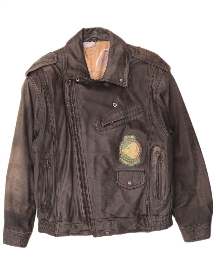 Vintage Mens Military Graphic Leather Jacket IT 50 Large Black