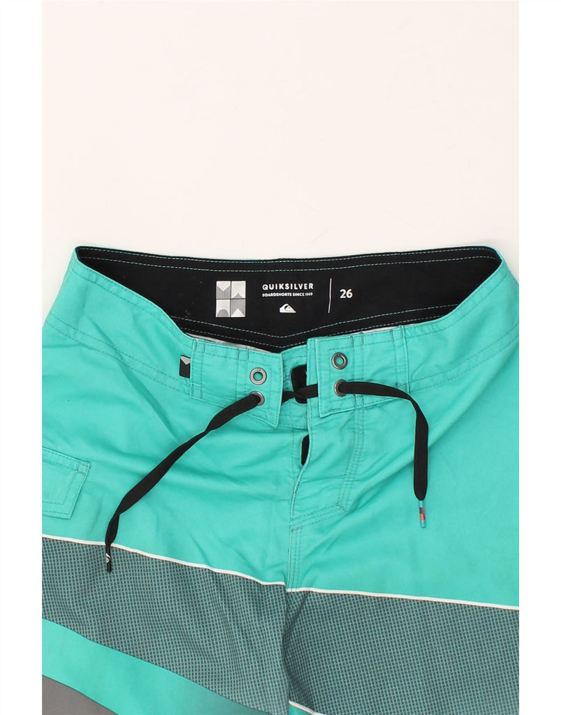 QUIKSILVER Mens Graphic Swimming Shorts W26 XS Turquoise Colourblock | Vintage Quiksilver | Thrift | Second-Hand Quiksilver | Used Clothing | Messina Hembry 