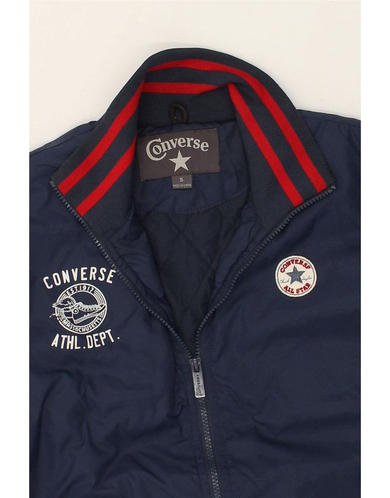 CONVERSE Mens Bomber Jacket UK 36 Small Navy Blue Colourblock Nylon | Vintage Converse | Thrift | Second-Hand Converse | Used Clothing | Messina Hembry 