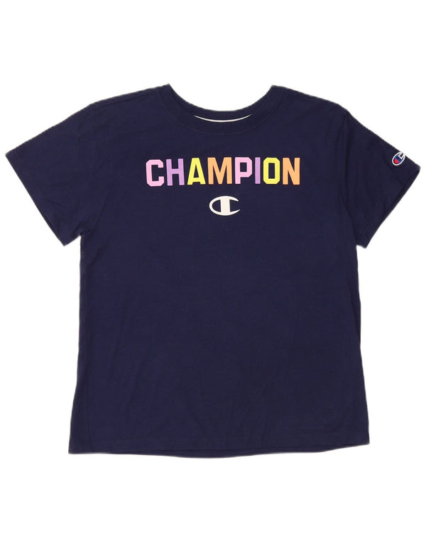 CHAMPION Womens Crop Graphic T-Shirt Top UK 14 Medium Navy Blue Cotton
