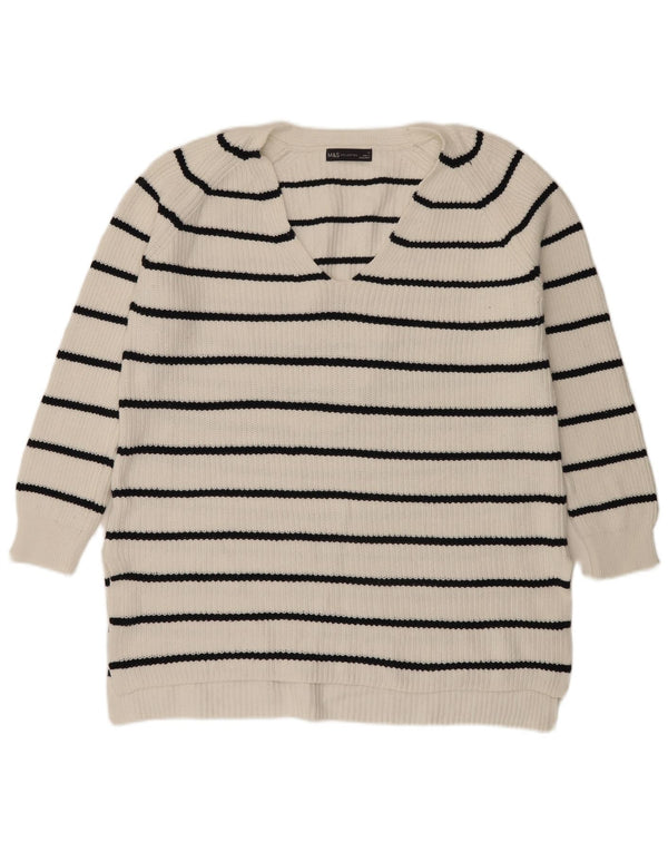 Marks & Spencer Womens V-Neck Jumper Sweater UK 14 Medium White Striped