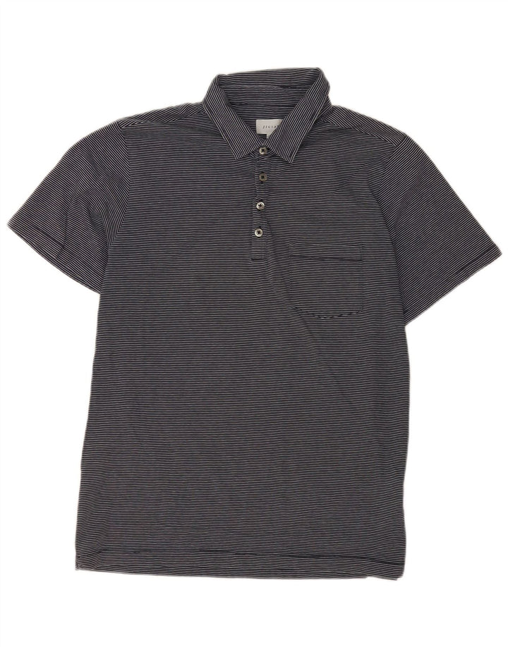 Jigsaw Mens Polo Shirt Medium Navy Blue Pinstripe Cotton