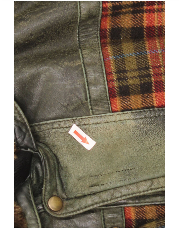Vintage Mens Leather Jacket UK 46 3XL Green Check Leather