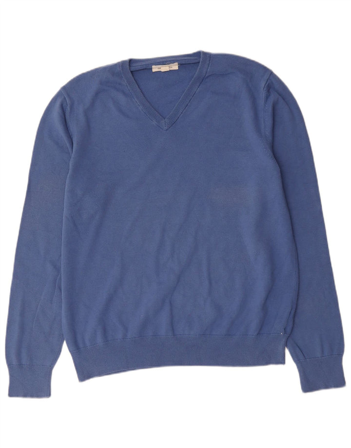 Marks & Spencer Mens V-Neck Jumper Sweater Large Blue Cotton
