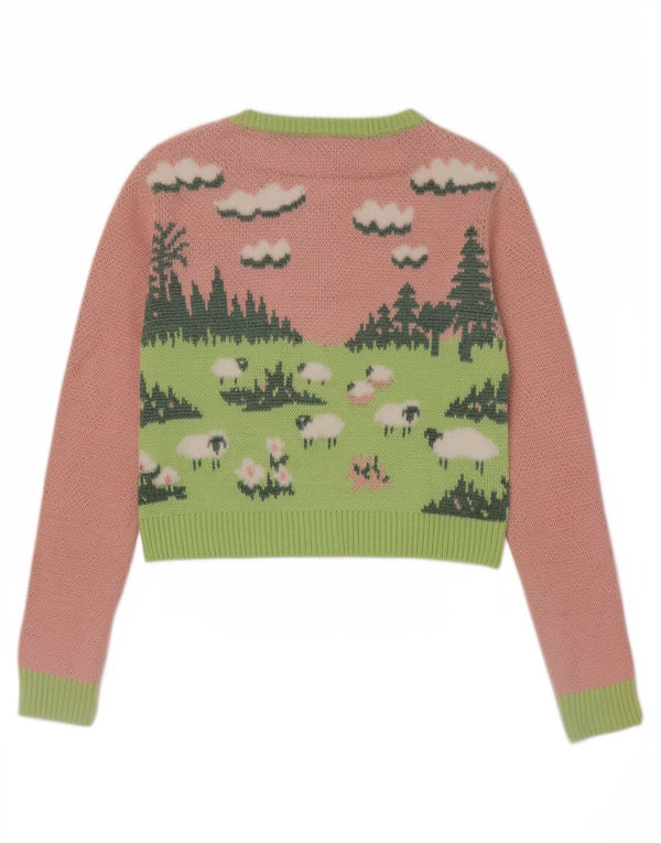Zara Womens Graphic Crop Cardigan Sweater UK 10 Small Pink Colourblock