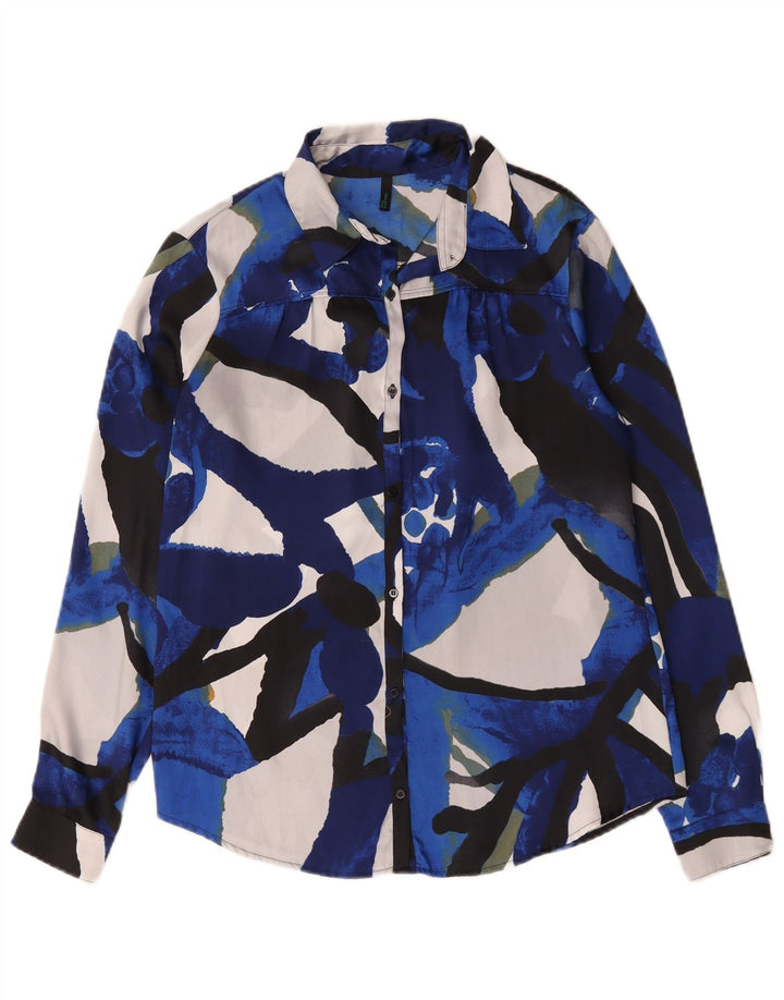 Benetton Womens Abstract Pattern Shirt Blouse UK 14 Medium Blue Polyester