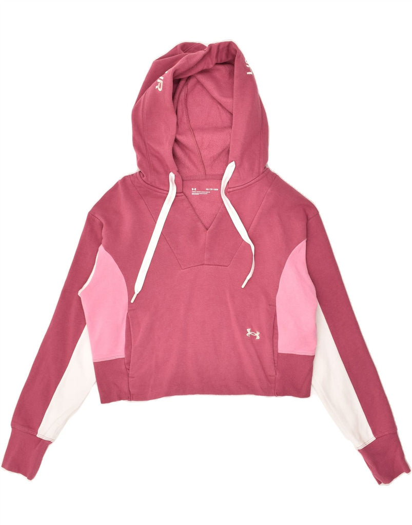 UNDER ARMOUR Womens Crop Hoodie Jumper UK 4 XS Pink Colourblock Cotton | Vintage Under Armour | Thrift | Second-Hand Under Armour | Used Clothing | Messina Hembry 