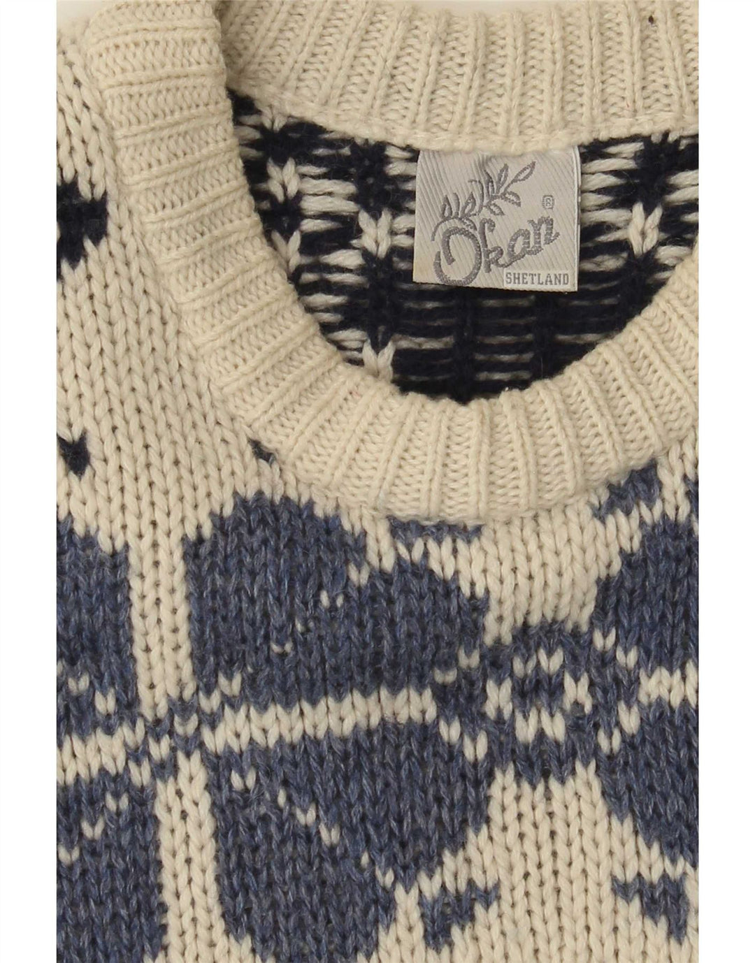 Shetland Mens Crew Neck Jumper Sweater Large Off White Fair Isle