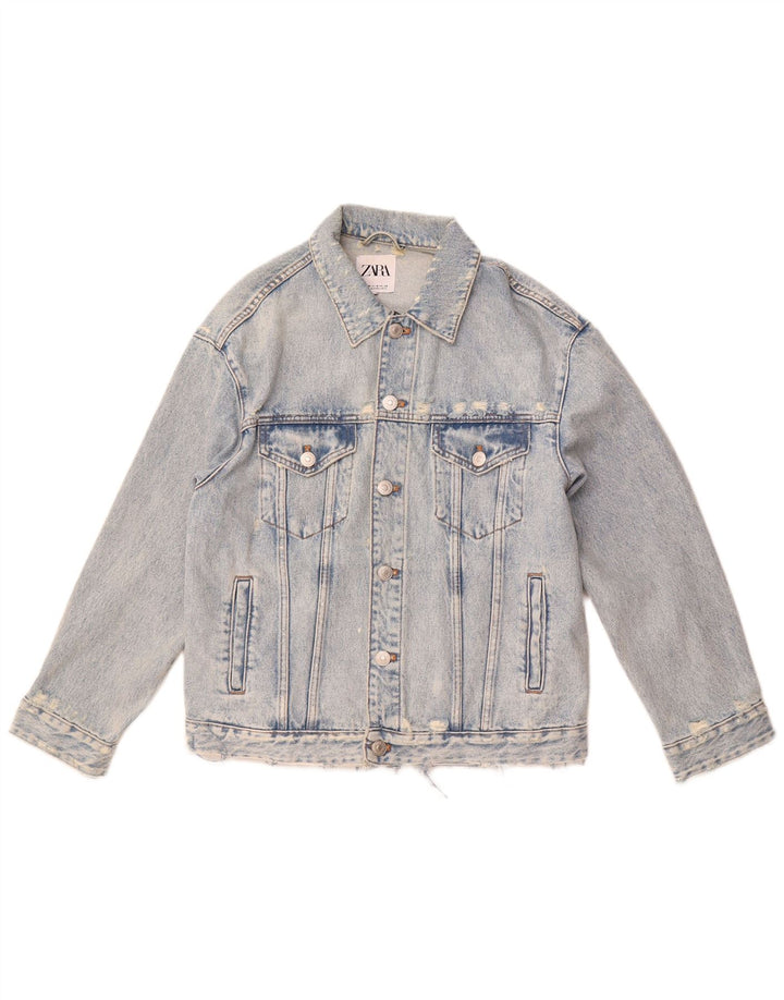 ZARA Mens Distressed Denim Jacket UK 38 Medium Blue Cotton