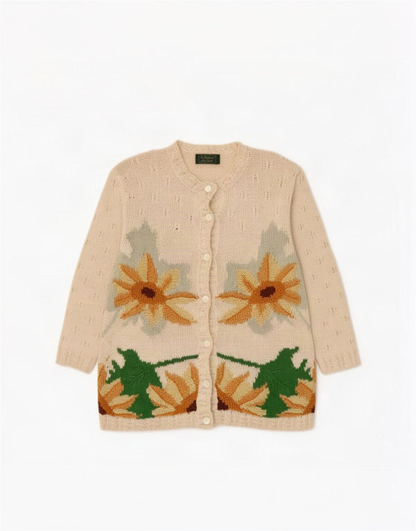 Vintage Womens Cardigan Sweater UK 14 Medium Beige Floral