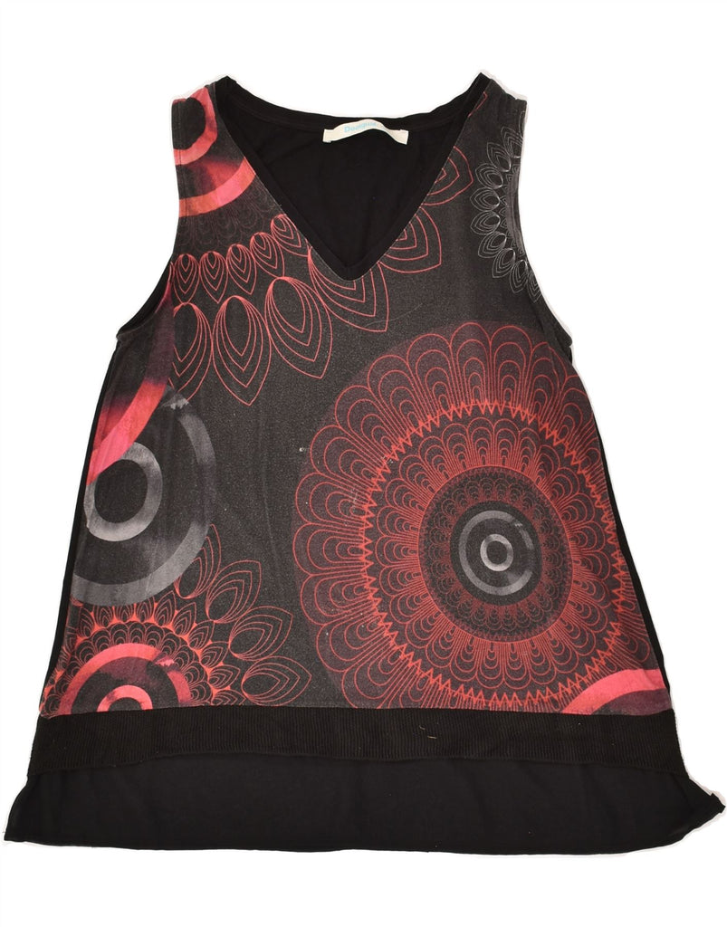 DESIGUAL Womens Vest Top UK 12 Medium Black Floral Vintage Desigual and Second-Hand Desigual from Messina Hembry 