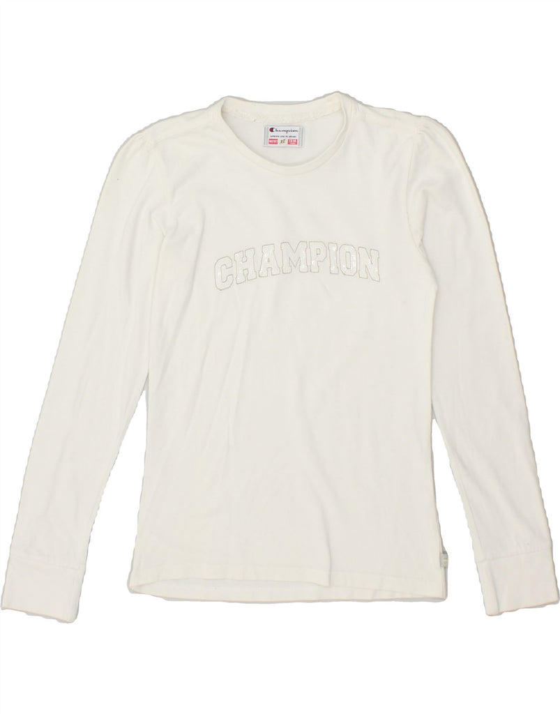 CHAMPION Girls Graphic Top Long Sleeve 13-14 Years XL Off White Cotton | Vintage Champion | Thrift | Second-Hand Champion | Used Clothing | Messina Hembry 