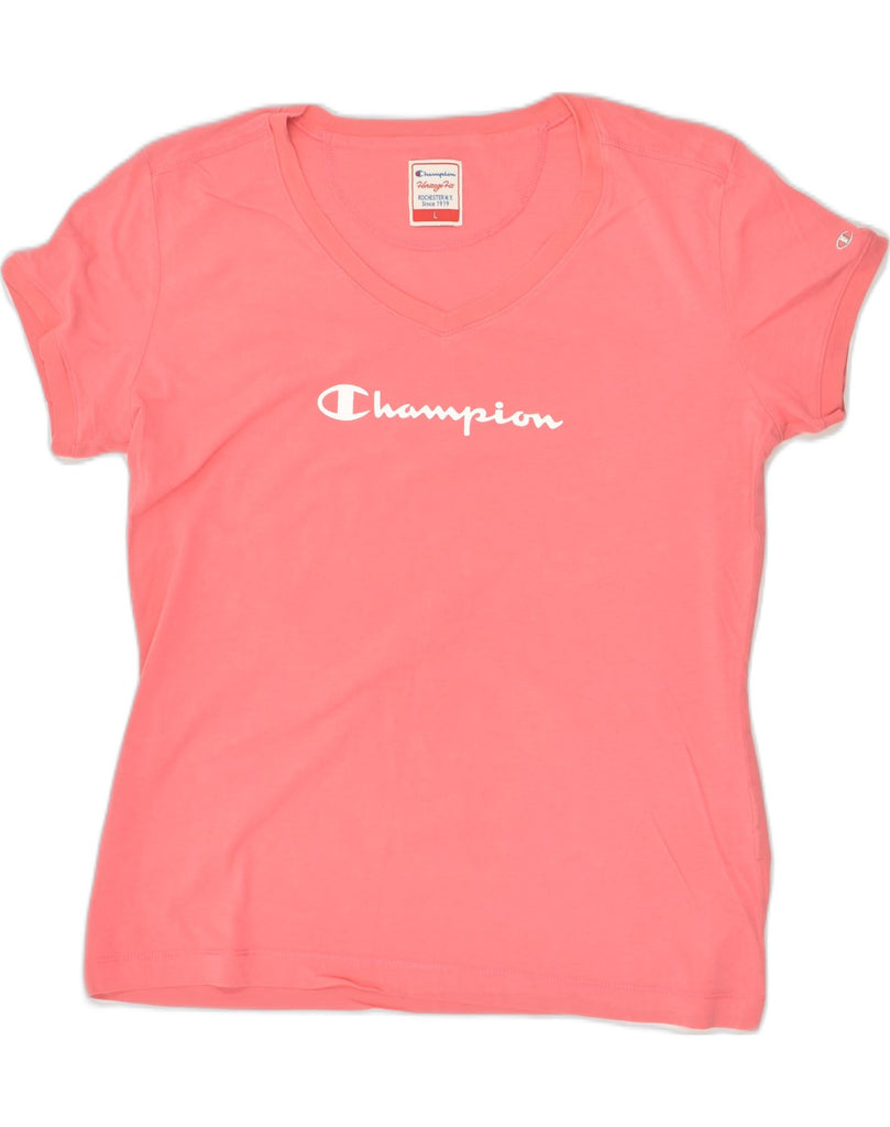 CHAMPION Womens Heritage Fit Graphic T-Shirt Top UK 16 Large Pink | Vintage Champion | Thrift | Second-Hand Champion | Used Clothing | Messina Hembry 